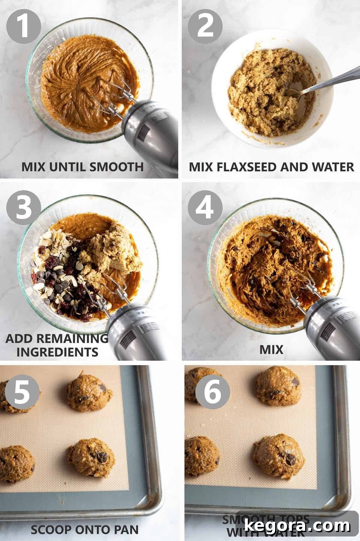 Cozy Vegan Pumpkin Breakfast Cookies 5 Step-by-step photos illustrating the process of making vegan pumpkin cookies, from mixing ingredients to scooping dough, ensuring clear guidance for bakers.
