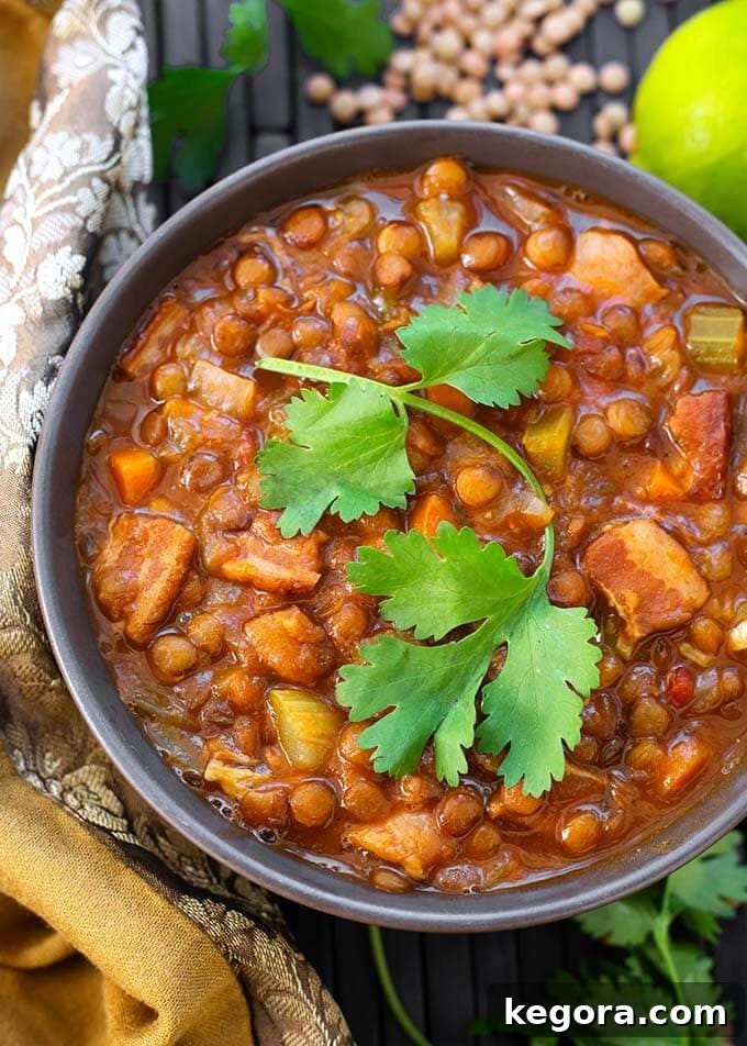 Lentil Soup in a gray bowl topped with a cilantro stem
