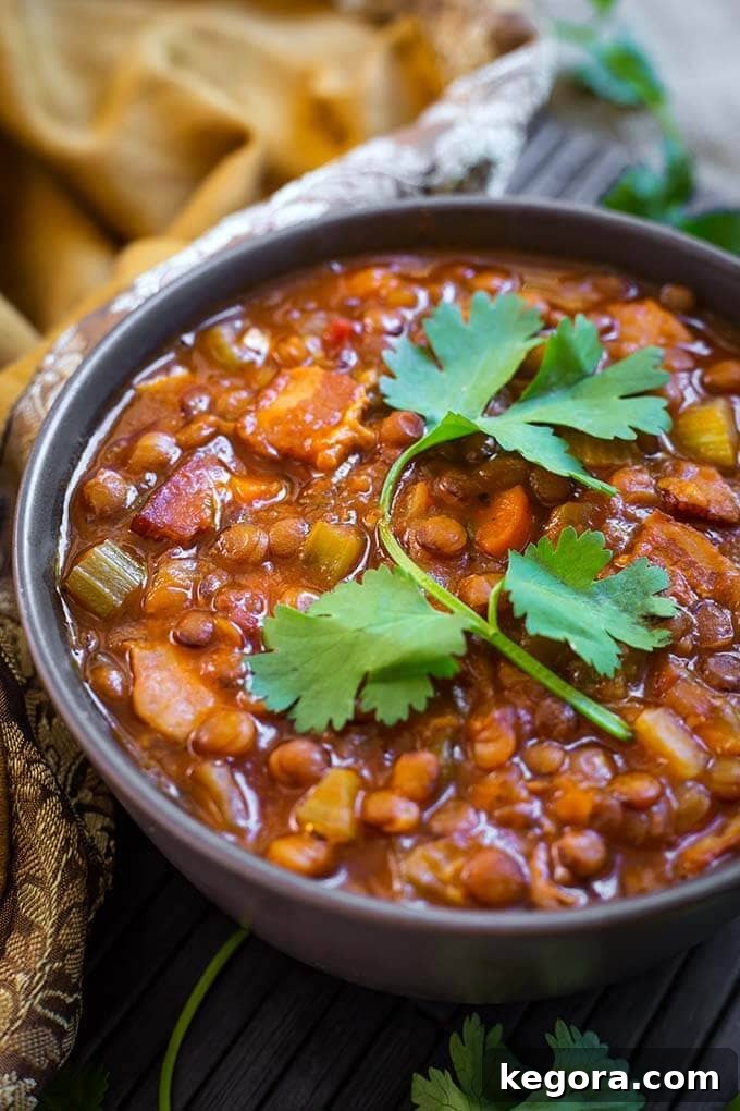 Lentil Soup in a gray bowl topped with a cilantro leaf stem