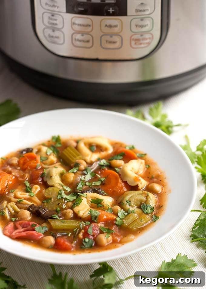 Vegetable Tortellini Soup in a white bowl in front of a pressure cooker