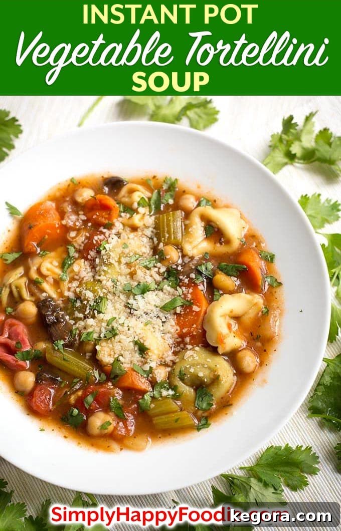 Vegetable Tortellini Soup in a white bowl
