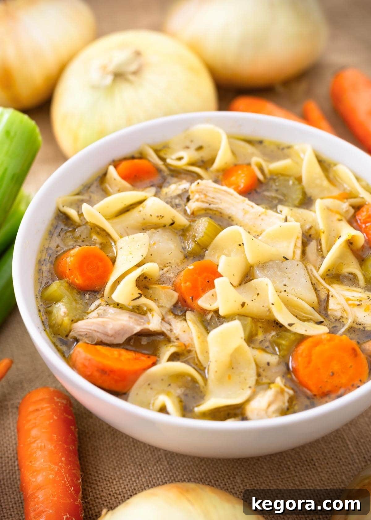 A steaming bowl of Instant Pot Chicken Noodle Soup, garnished with fresh parsley, sits on a rustic wooden surface, exuding warmth and comfort.