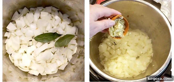 Step-by-step image showing onions and bay leaf sautéing, followed by garlic being added to the Instant Pot.