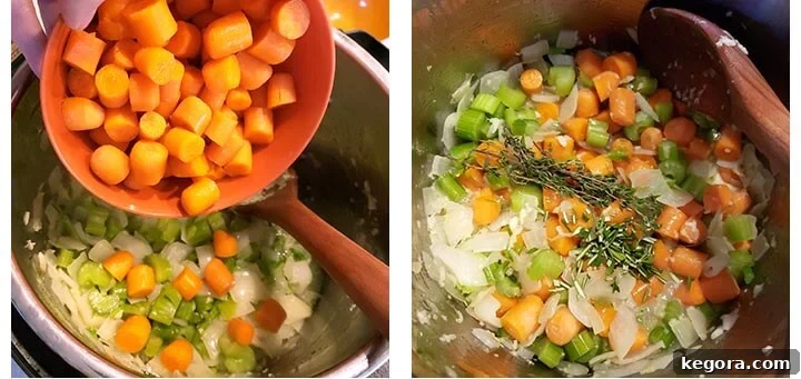 Step-by-step image showing carrots and celery being added to the Instant Pot, followed by a close-up of all seasonings stirred in.