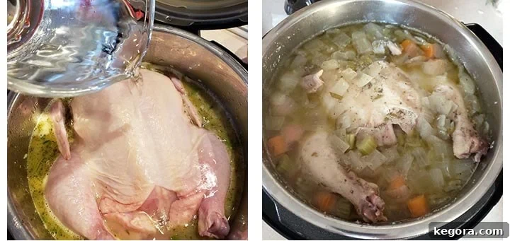 Step-by-step image showing a whole chicken placed in the Instant Pot with liquid, followed by the cooked chicken and broth.