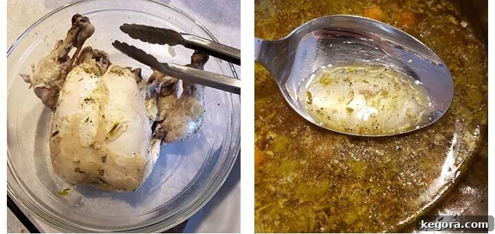 Step-by-step image showing cooked chicken being removed from the Instant Pot, and a spoon skimming fat off the soup surface.