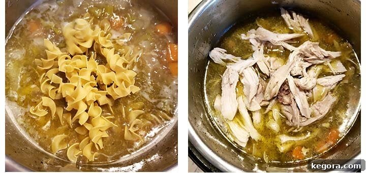 Step-by-step image showing egg noodles cooking in the soup, and shredded chicken being added back into the pot.