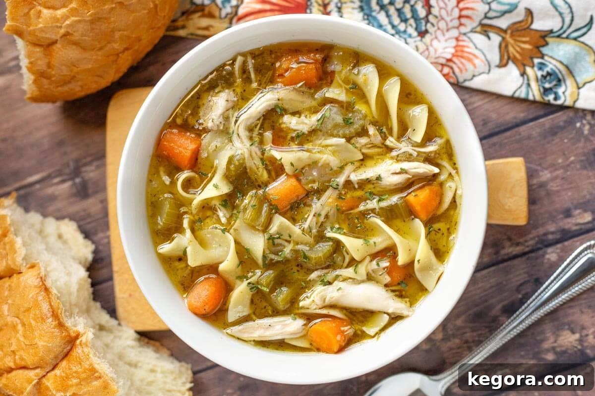 A beautifully presented bowl of Instant Pot Chicken Noodle Soup, garnished with fresh parsley, sits ready to be enjoyed.