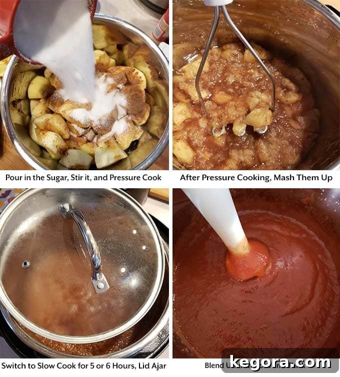 Quick Homemade Instant Pot Apple Butter 6 Four process images showing the addition of the sugar, mashing after pressure cooking, slow cooking, and blending until smooth