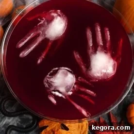 Ghastly Gala Punch 5 Three ice hands floating in Spooky Halloween Party Punch in a glass punch bowl