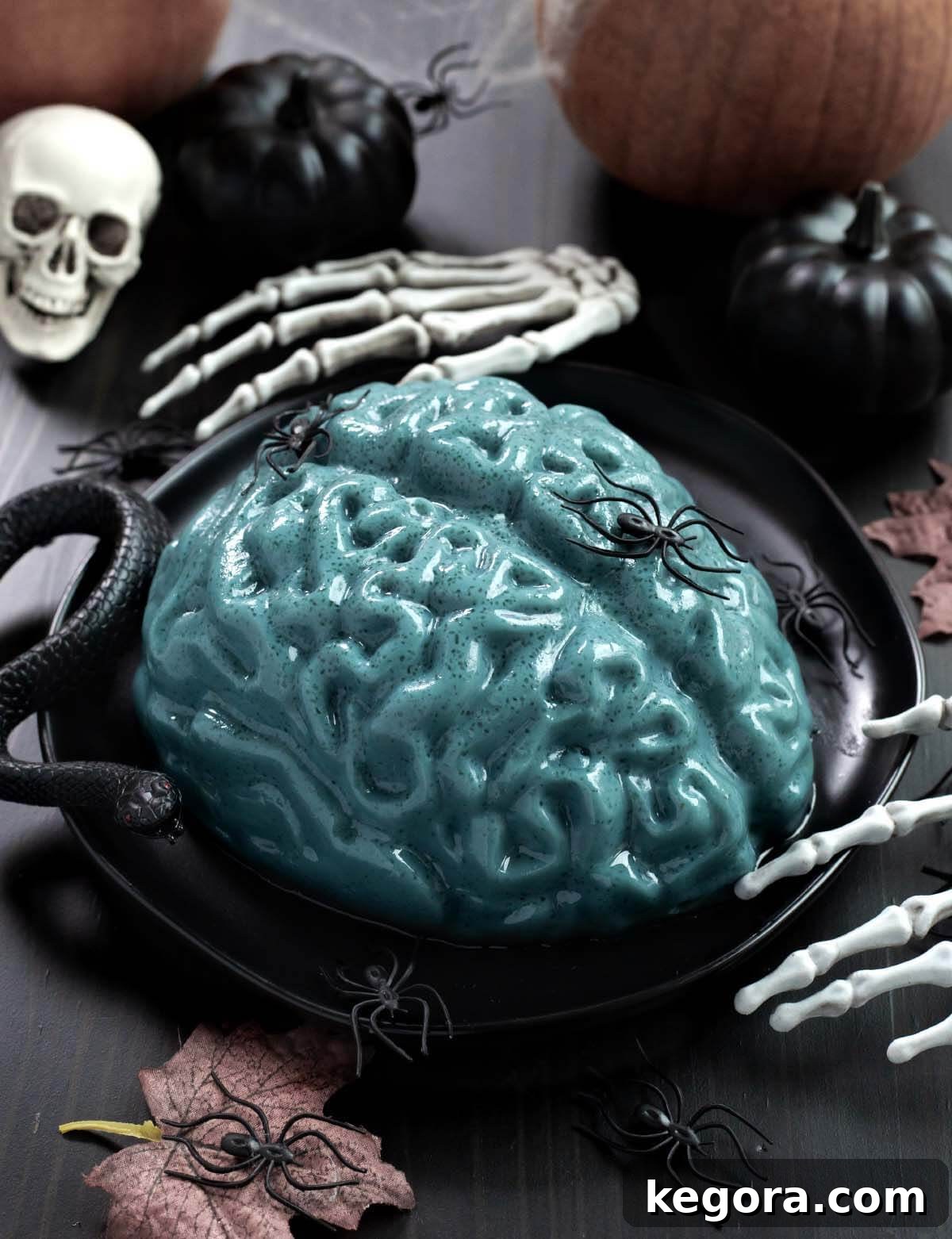 Ghoulish Jello Brain Recipe 2 A vibrant, creepy Halloween Jello Brain Recipe, ready to serve at a spooky party.