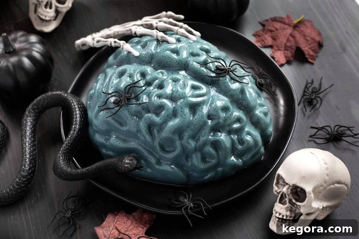 Ghoulish Jello Brain Recipe 5 A freshly made Halloween Jello Brain, ready to chill, showing its eerie color.