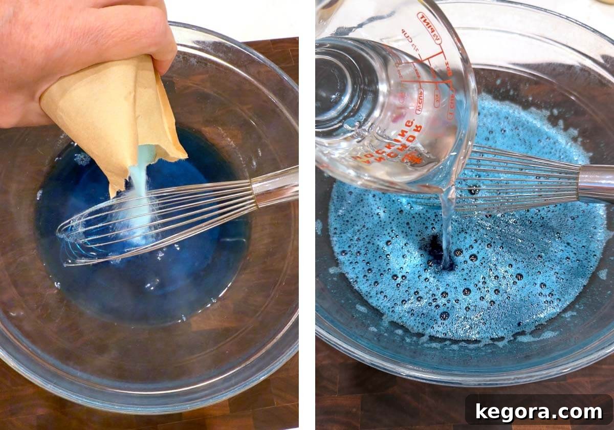 Ghoulish Jello Brain Recipe 7 Whisking blue jello with boiling water, then adding cold water for the Halloween Jello Brain.