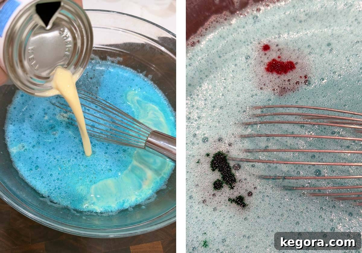 Ghoulish Jello Brain Recipe 8 Adding evaporated milk and food coloring to the Jello mixture for the Halloween Jello Brain.