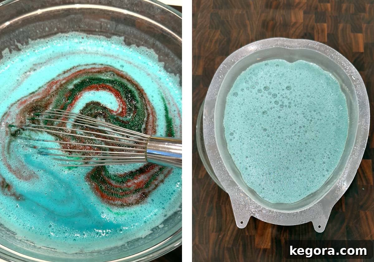 Ghoulish Jello Brain Recipe 9 Whisking food dye into the Jello mixture before pouring into the brain mold.