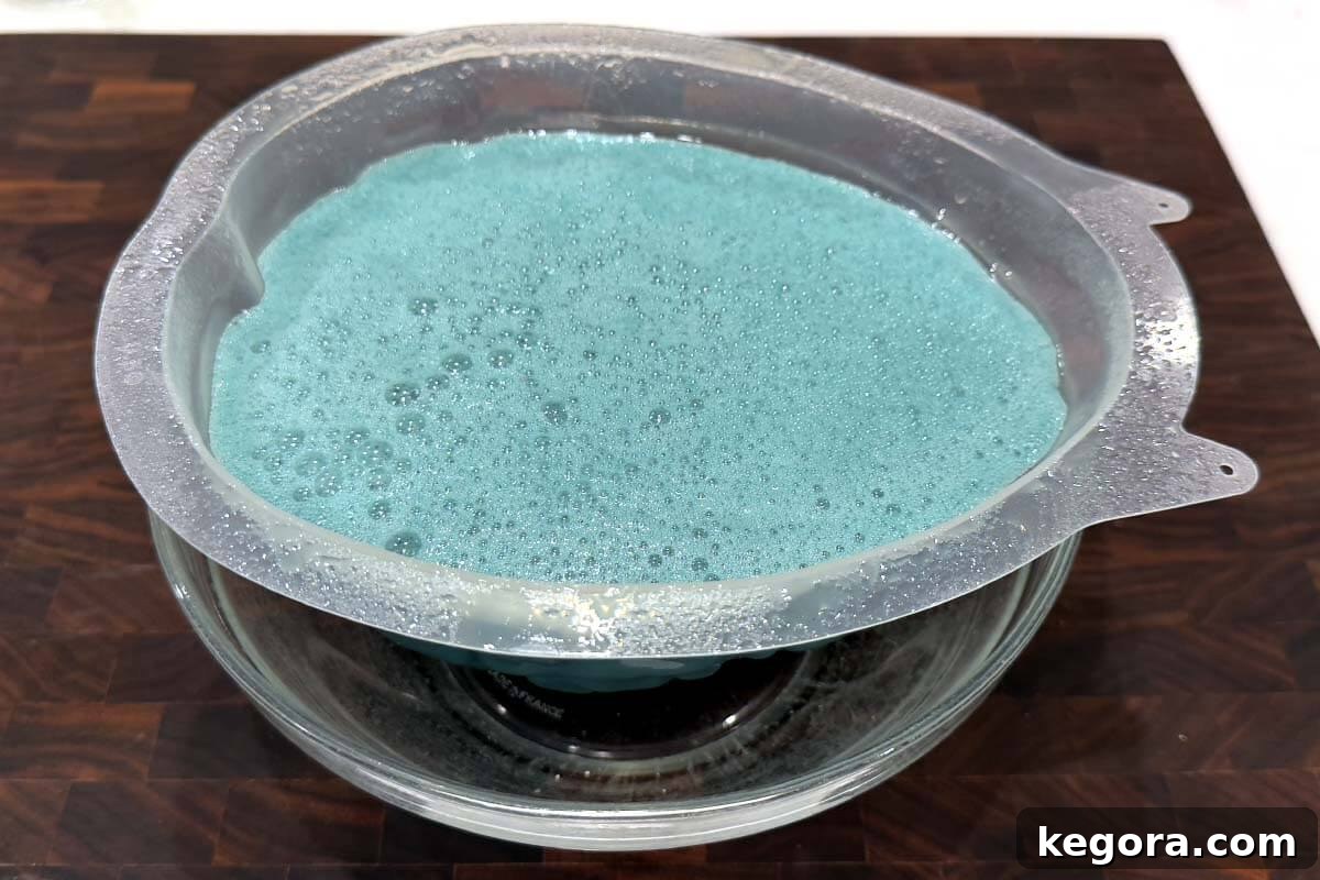Ghoulish Jello Brain Recipe 10 Brain mold filled with Jello mixture, ready for chilling.