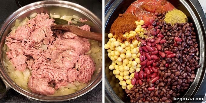 browning ground turkey with onion and celery, beans and seasonings added to crockpot