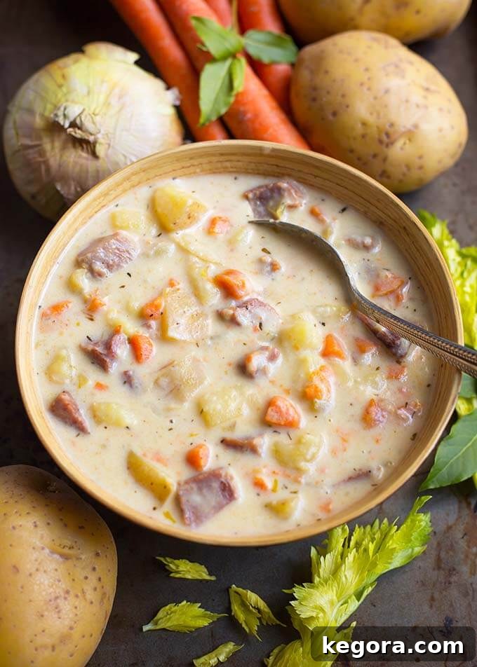 15 Delicious Instant Pot Soups 11 A creamy bowl of Instant Pot Potato Ham Soup with a silver spoon, surrounded by fresh vegetables, highlighting its comforting and savory appeal as a perfect way to use leftover ham.