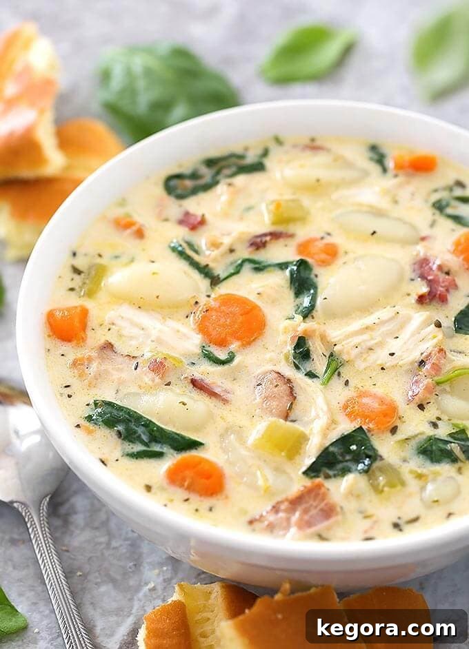 15 Delicious Instant Pot Soups 16 A creamy white bowl of Instant Pot Creamy Chicken Gnocchi Soup next to a silver spoon, highlighting the tender gnocchi, chicken, and rich broth as a truly amazing meal.
