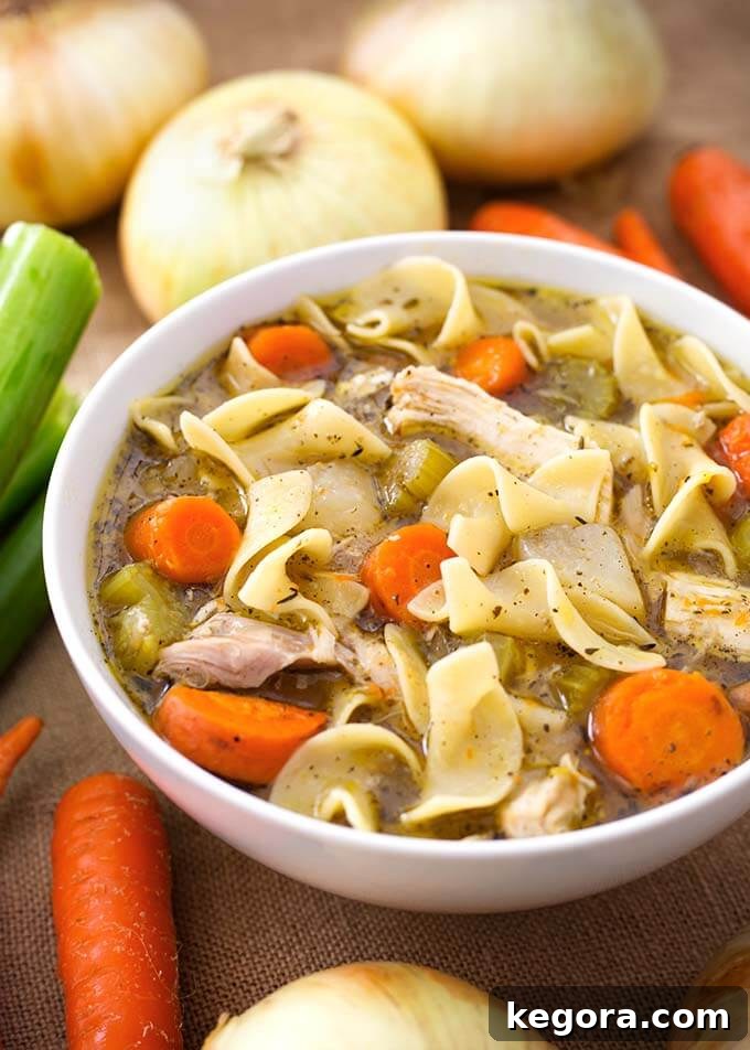 15 Delicious Instant Pot Soups 3 A classic Instant Pot Chicken Noodle Soup served in a white bowl, garnished with fresh herbs and surrounded by ingredients like carrots, celery, and noodles, evoking warmth and healing.