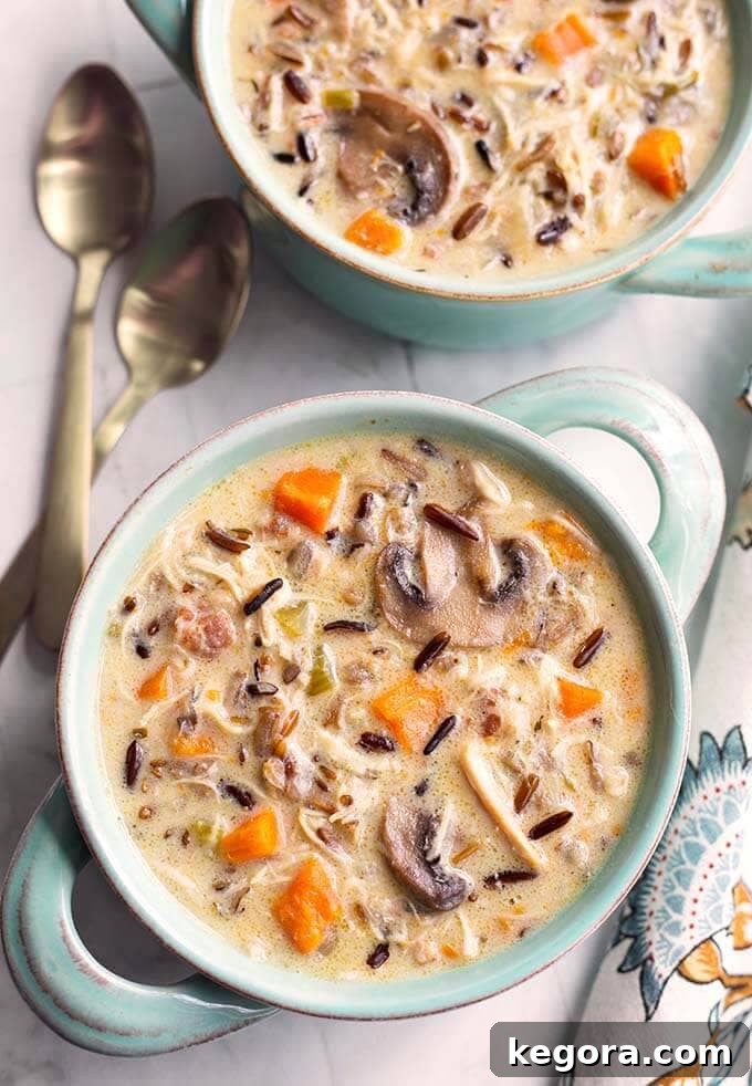 15 Delicious Instant Pot Soups 6 Two cozy blue bowls of Instant Pot Wild Rice Soup with Chicken, accompanied by spoons, highlighting the creamy texture and hearty ingredients perfect for a cold day.