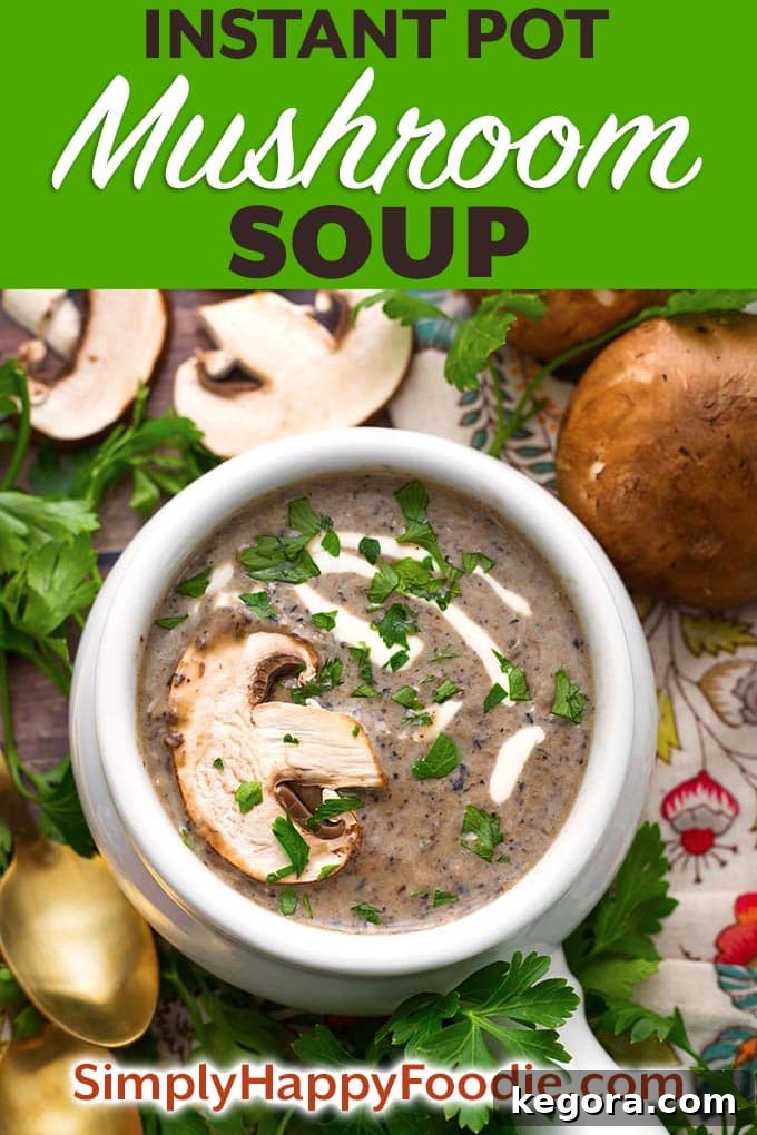 This is the best Instant Pot Mushroom Soup recipe. It has a wonderful texture. This is a rich, flavorful, and creamy pressure cooker mushroom soup. Made with a variety of mushrooms for the most mushroom flavor. We really enjoy this mushroom soup! Instant Pot recipes by simplyhappyfoodie.com #instantpotmushroomsoup #pressurecookermushroomsoup