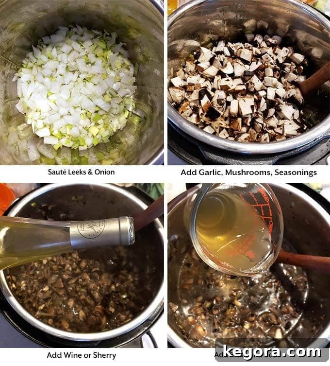 Four sequential images illustrating the cooking process for Mushroom Soup: first, sauteing leeks and onions; second, adding garlic; third, incorporating mushrooms and seasonings; and fourth, adding white wine and broth before pressure cooking