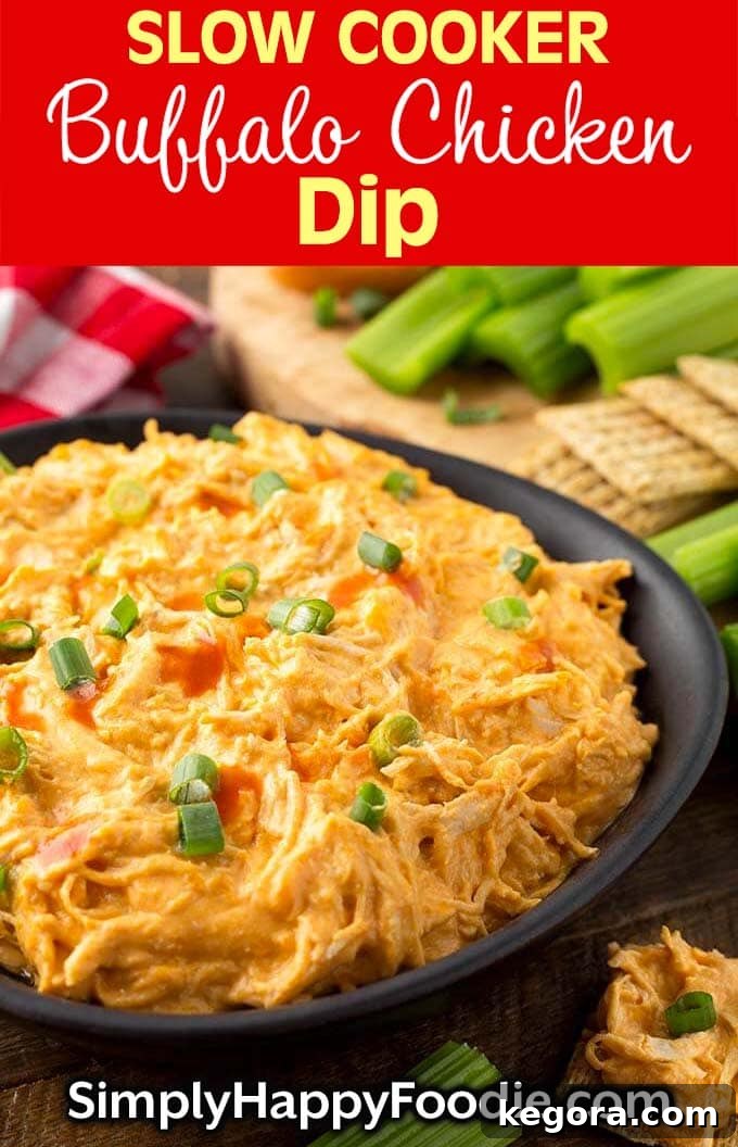 Creamy Crockpot Buffalo Chicken Delight 5 Slow Cooker Buffalo Chicken Dip with the recipe title and Simply Happy Foodie.com logo on a vertical image perfect for Pinterest