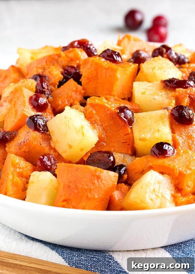 Instant Pot Sweet Potato Cranberry Delight 4 Close up of Instant Pot Sweet Potato Cranberry Casserole in a white bowl