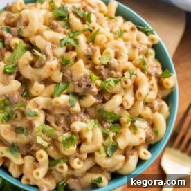 One Pot Cheeseburger Macaroni Magic 5 Cheeseburger Macaroni in a blue bowl next to a gold fork all on a wooden board