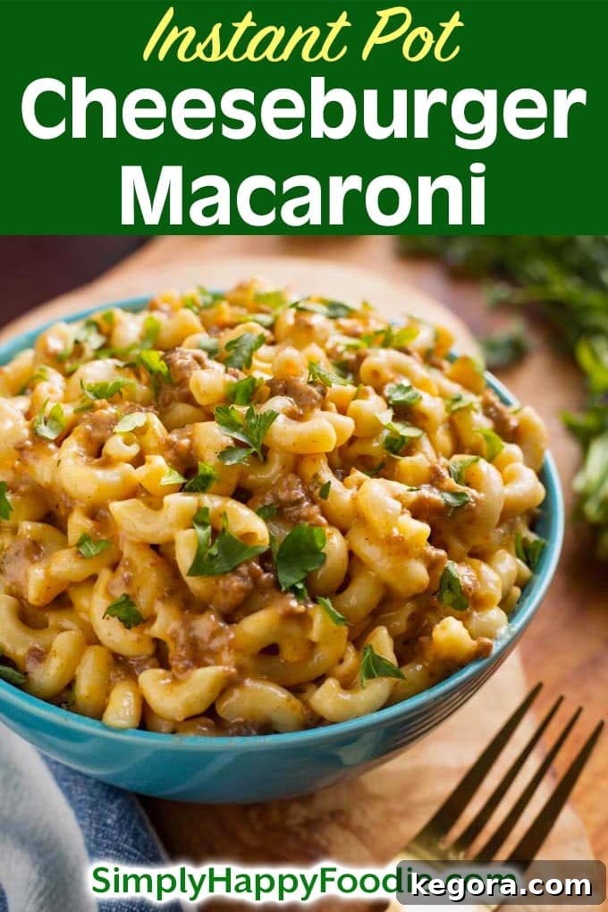 One Pot Cheeseburger Macaroni Magic 6 Instant Pot Cheeseburger Macaroni with recipe title and Simply Happy Foodie.com logo