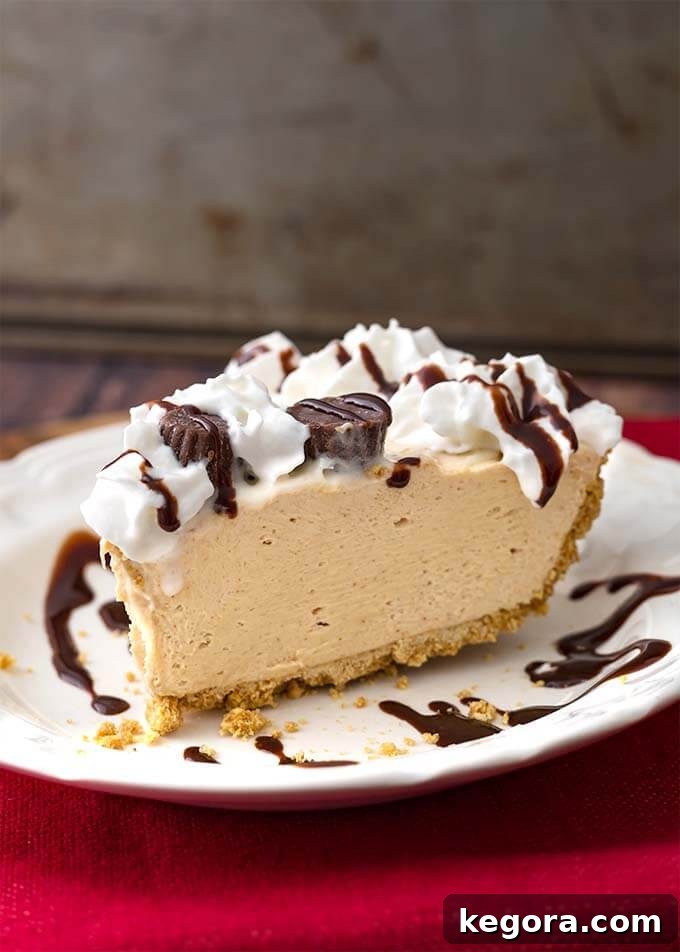 Easy Creamy Peanut Butter Pie 3 A perfect slice of creamy No Bake Peanut Butter Pie, showcasing its smooth texture and golden crust, elegantly presented on a crisp white plate. A delightful treat ready to be savored.