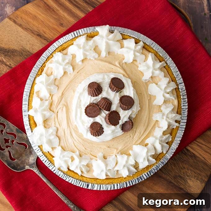 Easy Creamy Peanut Butter Pie 4 An enticing top-down view of a completed No Bake Peanut Butter Pie, generously topped with fluffy whipped cream and a sprinkle of mini chocolate candies. The pie sits invitingly on a vibrant red napkin, with a silver serving spoon positioned alongside, highlighting its readiness to be served and enjoyed.