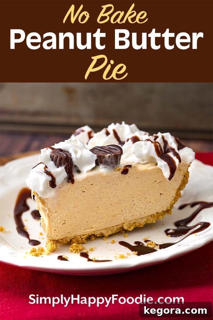 Easy Creamy Peanut Butter Pie 8 A stunning, creamy No Bake Peanut Butter Pie, crafted with just 5 ingredients, yet delivering a gourmet taste that belies its simple preparation. This sweet and luscious pie is perfect for satisfying any peanut butter craving and ideal for easy entertaining at potlucks, parties, or any casual occasion where a yummy dessert is desired. Explore more dessert recipes by simplyhappyfoodie.com, including other delightful no-bake pies.