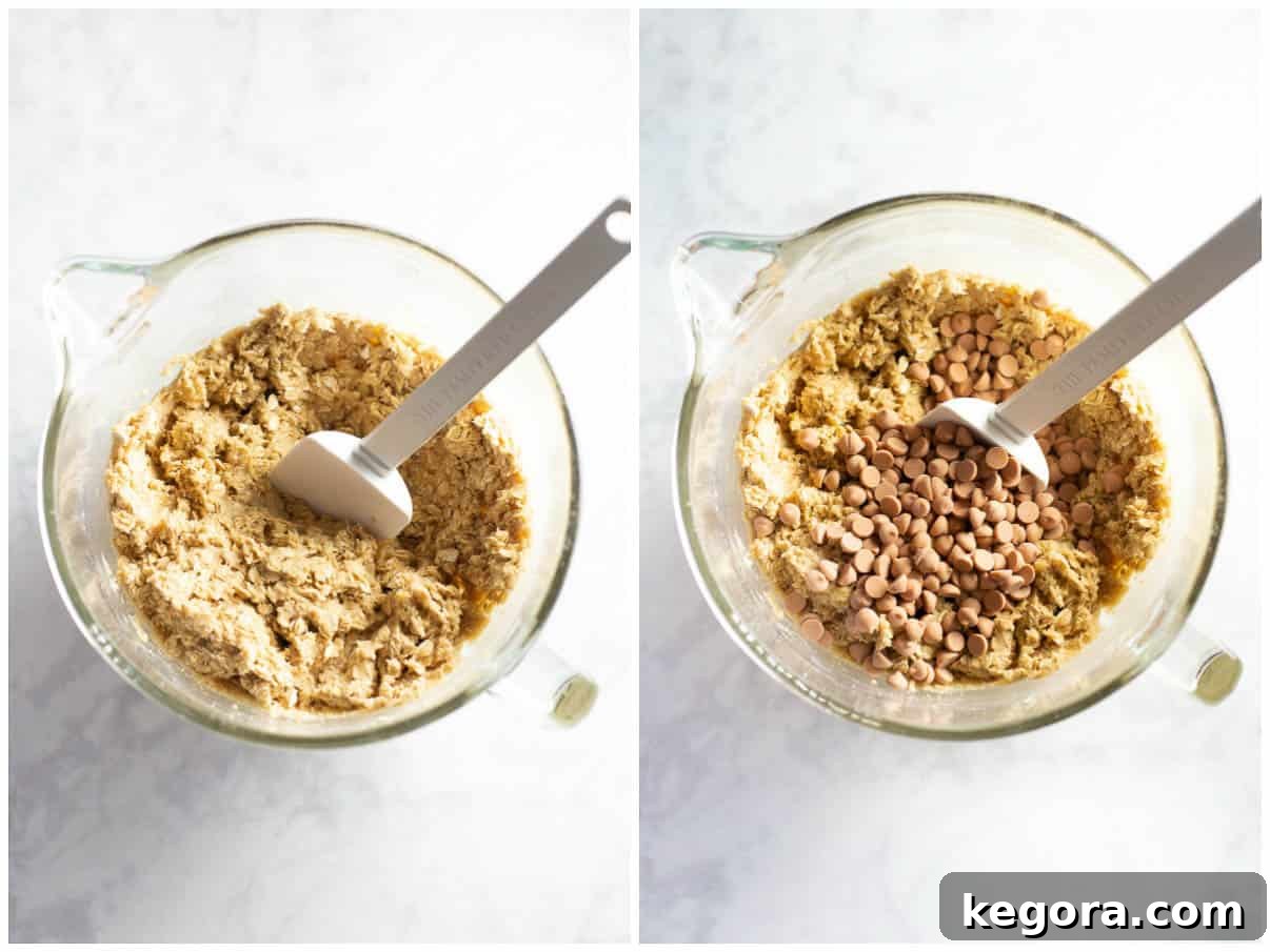 cookie dough in mixing bowl with butterscotch chips