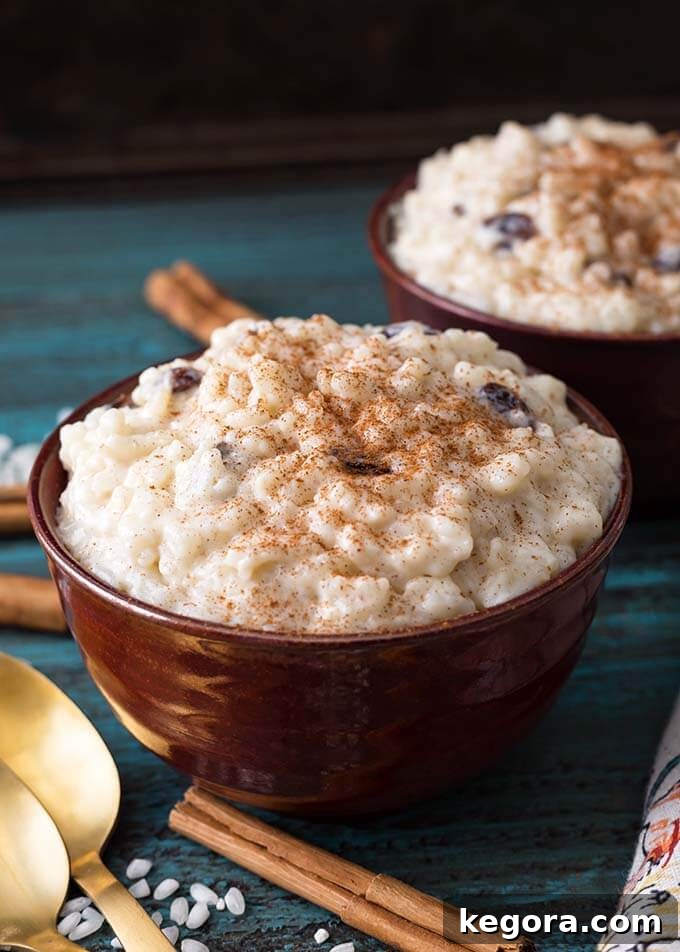 Closeup of two brown bowls of Creamy Instant Pot Rice Pudding