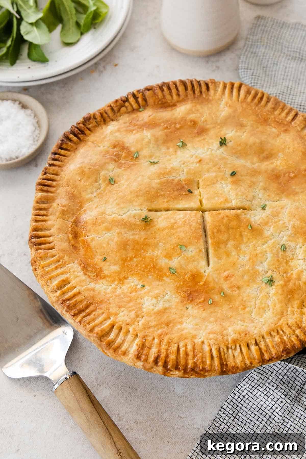 Hearty Gluten-Free Chicken Pot Pie with a Tangy Sour Cream Crust 3 A beautifully baked gluten-free chicken pot pie resting on a wooden table, accompanied by a pie server and a rustic kitchen towel, ready to be enjoyed.
