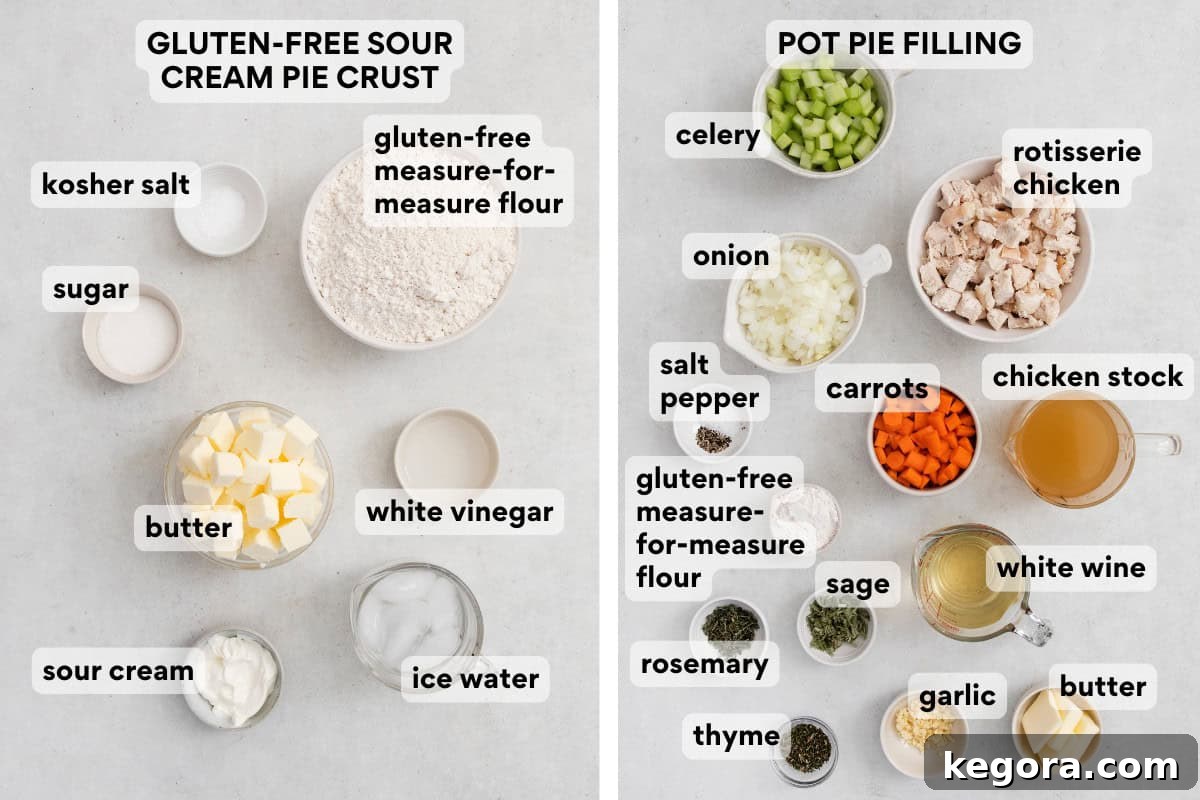 Hearty Gluten-Free Chicken Pot Pie with a Tangy Sour Cream Crust 4 A vibrant selection of gluten-free chicken pot pie ingredients laid out neatly on a kitchen countertop, showcasing fresh vegetables, herbs, and other essential items.