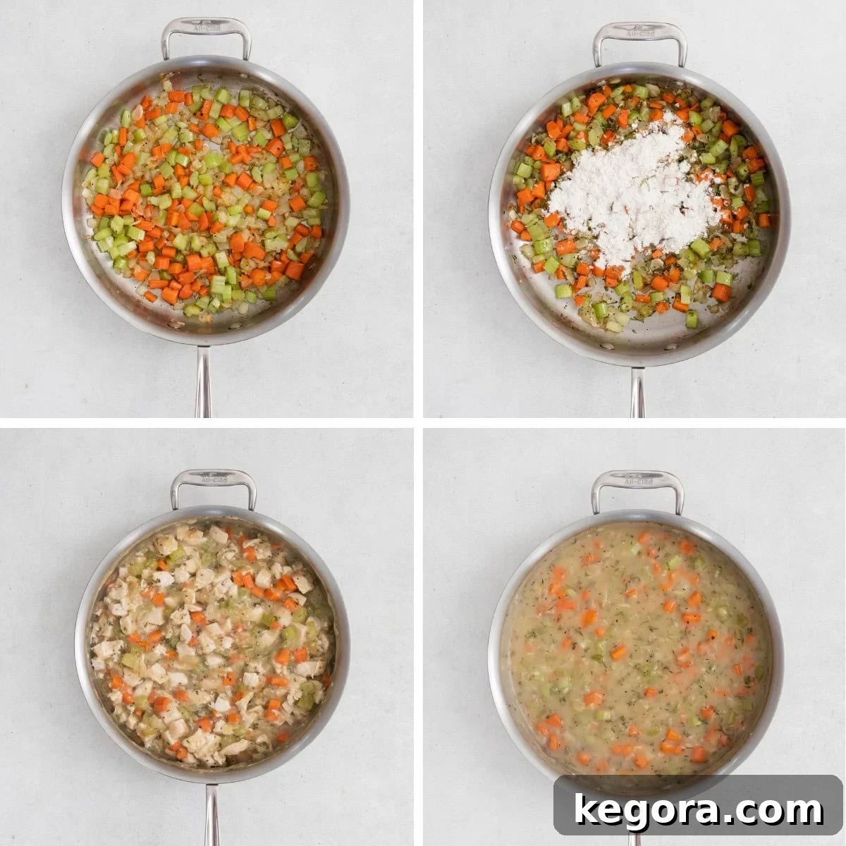 Hearty Gluten-Free Chicken Pot Pie with a Tangy Sour Cream Crust 6 A series of process photos demonstrating how to prepare the pot pie filling, including sautéing aromatic vegetables, adding flour to create a roux, incorporating cream, and stirring the mixture to a perfect consistency.