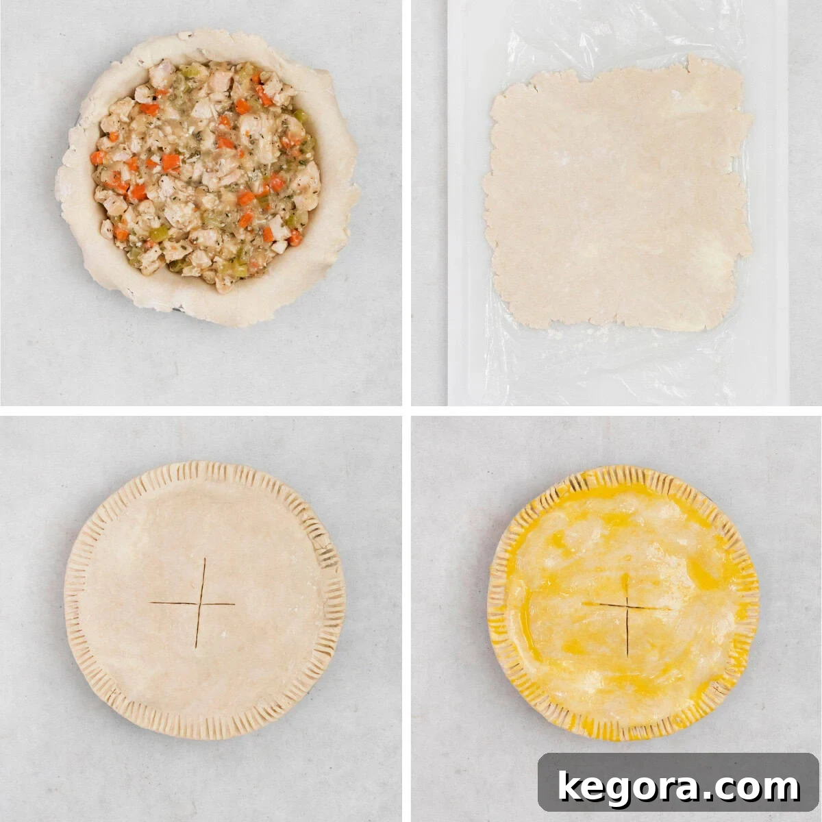 Hearty Gluten-Free Chicken Pot Pie with a Tangy Sour Cream Crust 7 A series of process photos illustrating the assembly of a gluten-free chicken pot pie, showing the bottom crust in a pie plate, the filling being added, and the top crust being placed and crimped.