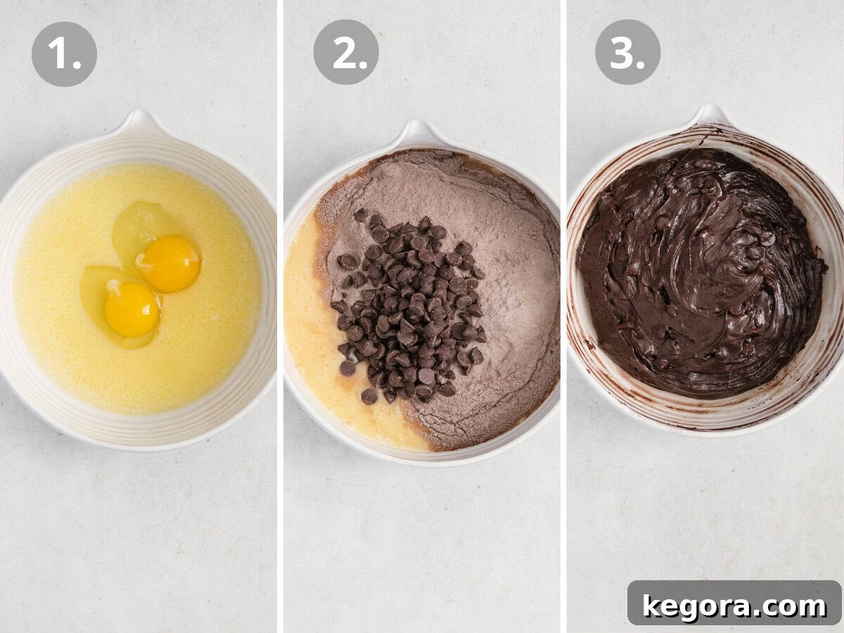 Visual sequence of making gluten-free peanut butter brownies: starting with eggs in a bowl, then mixed with brownie mix and chocolate chips, and finally a fully mixed fudgy batter.