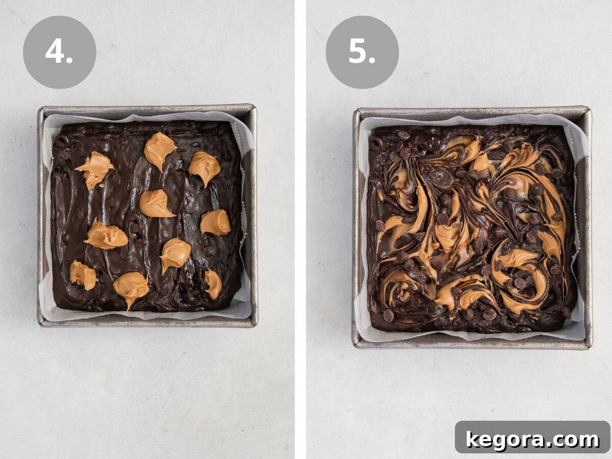 Next steps in making gluten-free peanut butter brownies: showcasing batter spread in a metal pan, then dollops of peanut butter added, and finally the beautiful marbled swirl.
