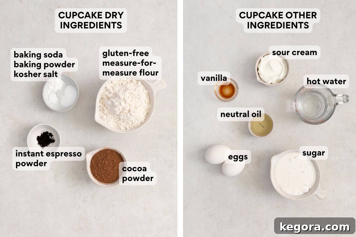 A collection of dry and wet ingredients for gluten-free Hostess cupcakes laid out on a clean countertop, ready for baking.