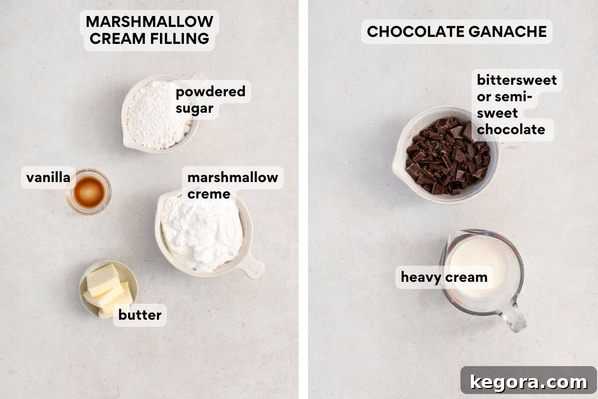 Ingredients for the marshmallow cream filling and chocolate ganache, including chocolate bars and marshmallow fluff, ready for assembly.
