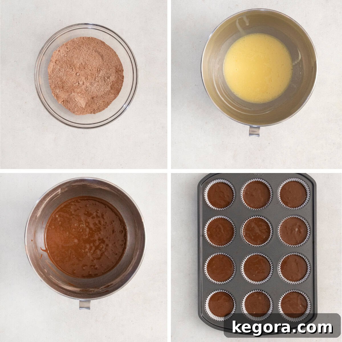 A four-panel photo collage showing the initial steps of making gluten-free Hostess cupcakes: dry ingredients, wet ingredients, combined batter, and batter in cupcake liners.