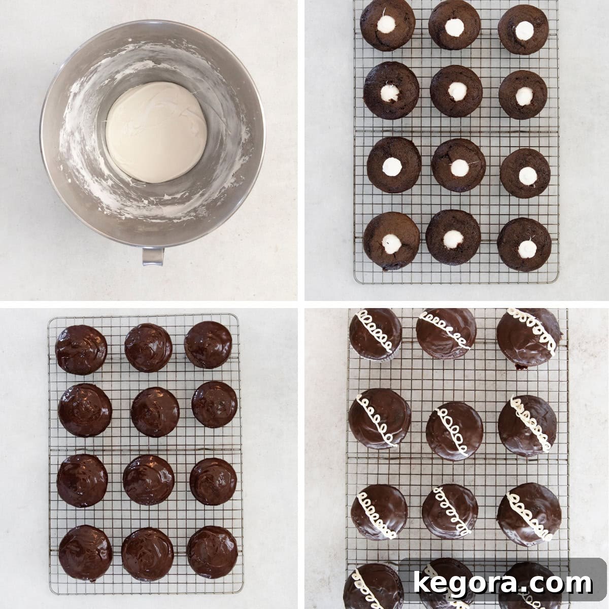 A four-panel photo collage illustrating the final steps: marshmallow filling, filled cupcakes, ganache application, and the signature vanilla swirl.