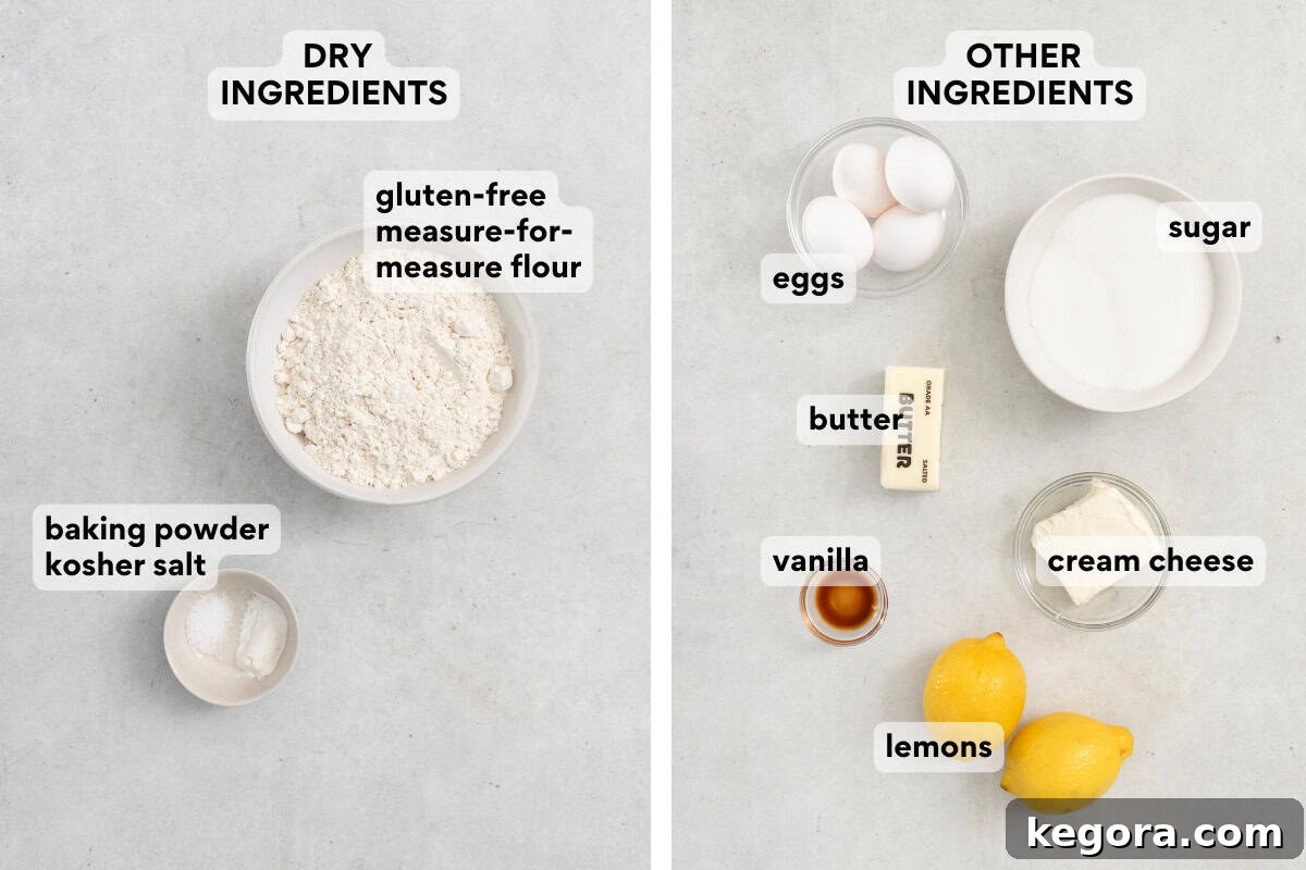 Various gluten-free lemon loaf ingredients laid out on a countertop, including flour, sugar, and lemons.