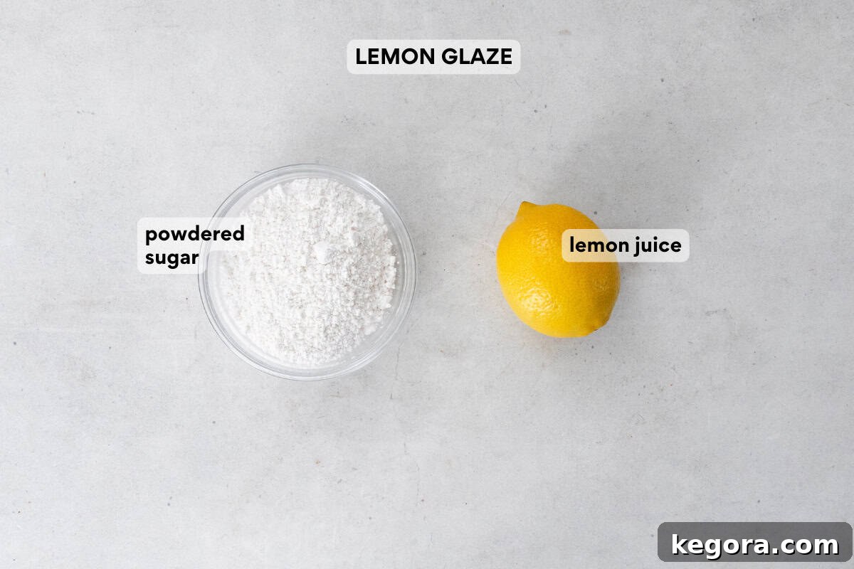 Ingredients for the vibrant gluten-free lemon loaf glaze, including powdered sugar and fresh lemons.