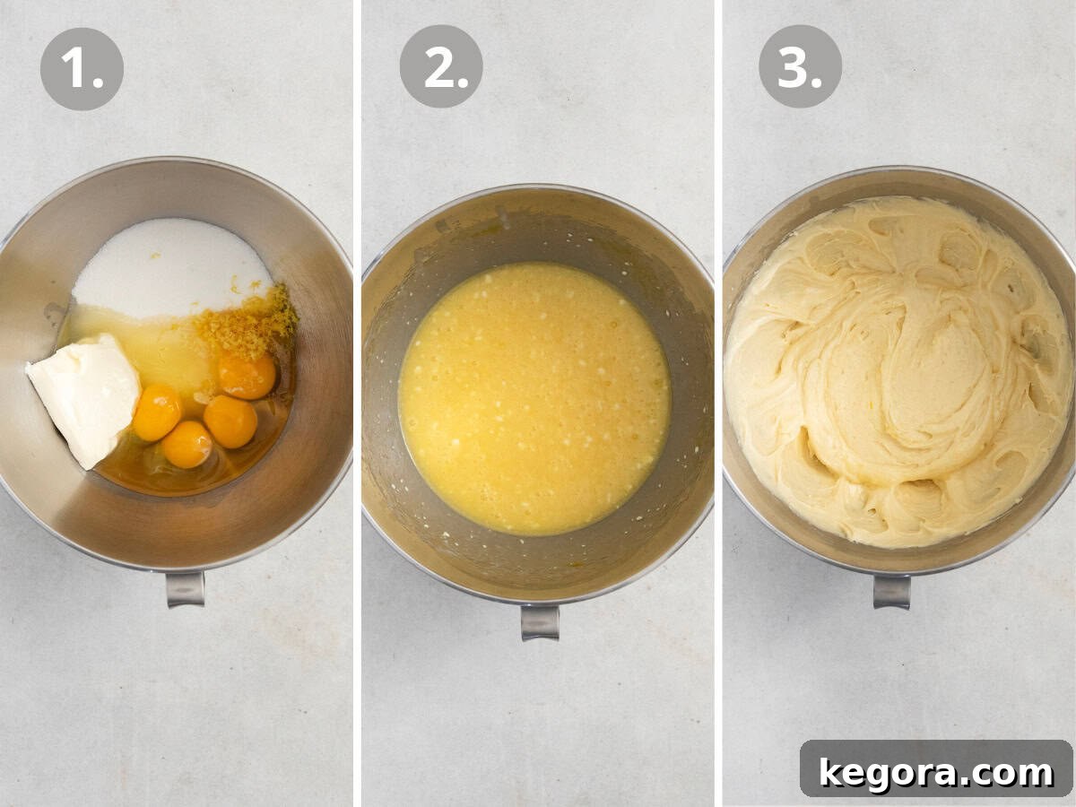 A series of step-by-step instruction photos showing the process of making gluten-free lemon loaf, from batter to baked.
