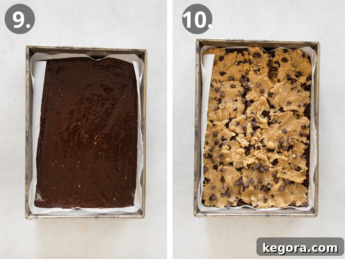 Irresistible Gluten-Free Brookies 7 Images showing the brownie layer poured into the pan, followed by the cookie dough layer being added on top.